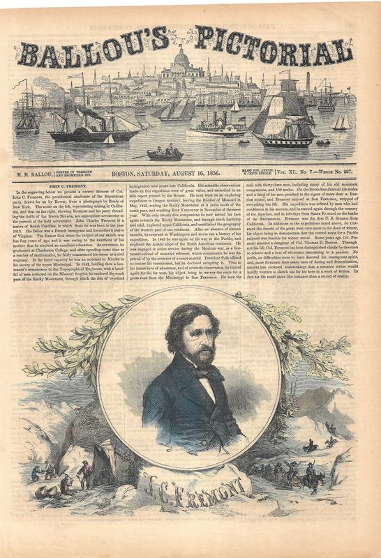 1856 Portrait of John C. Fremont w/ Text From Ballou's Pictorial w/hc
