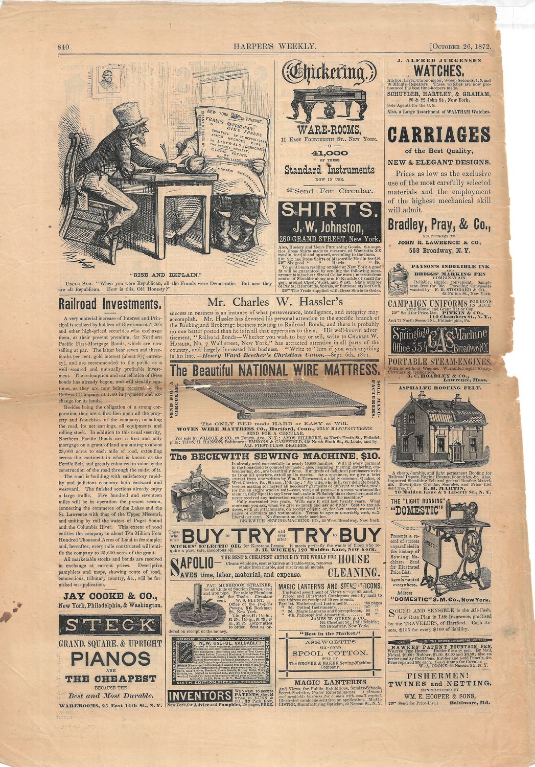 1872 Illustration of Uncle Sam with  Advertisements from Harper&#39;s Weekly
