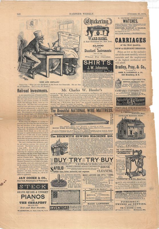 1872 Illustration of Uncle Sam with  Advertisements from Harper's Weekly