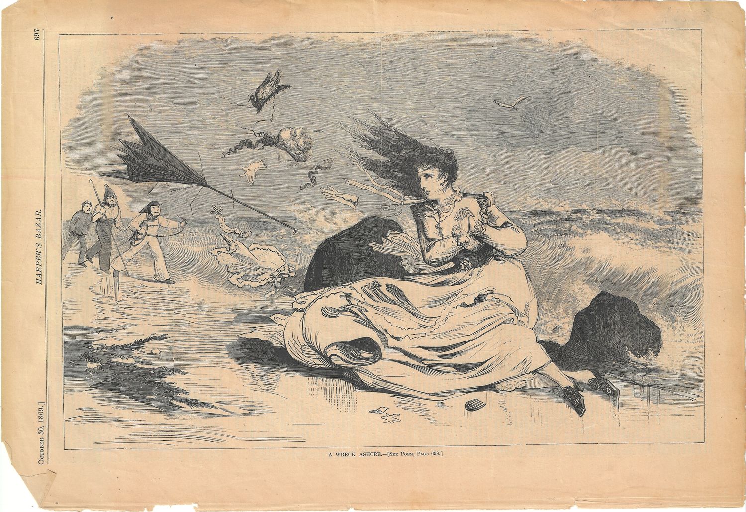 1869 Illustration from Harper's Bazar - "A Wreck Ashore"