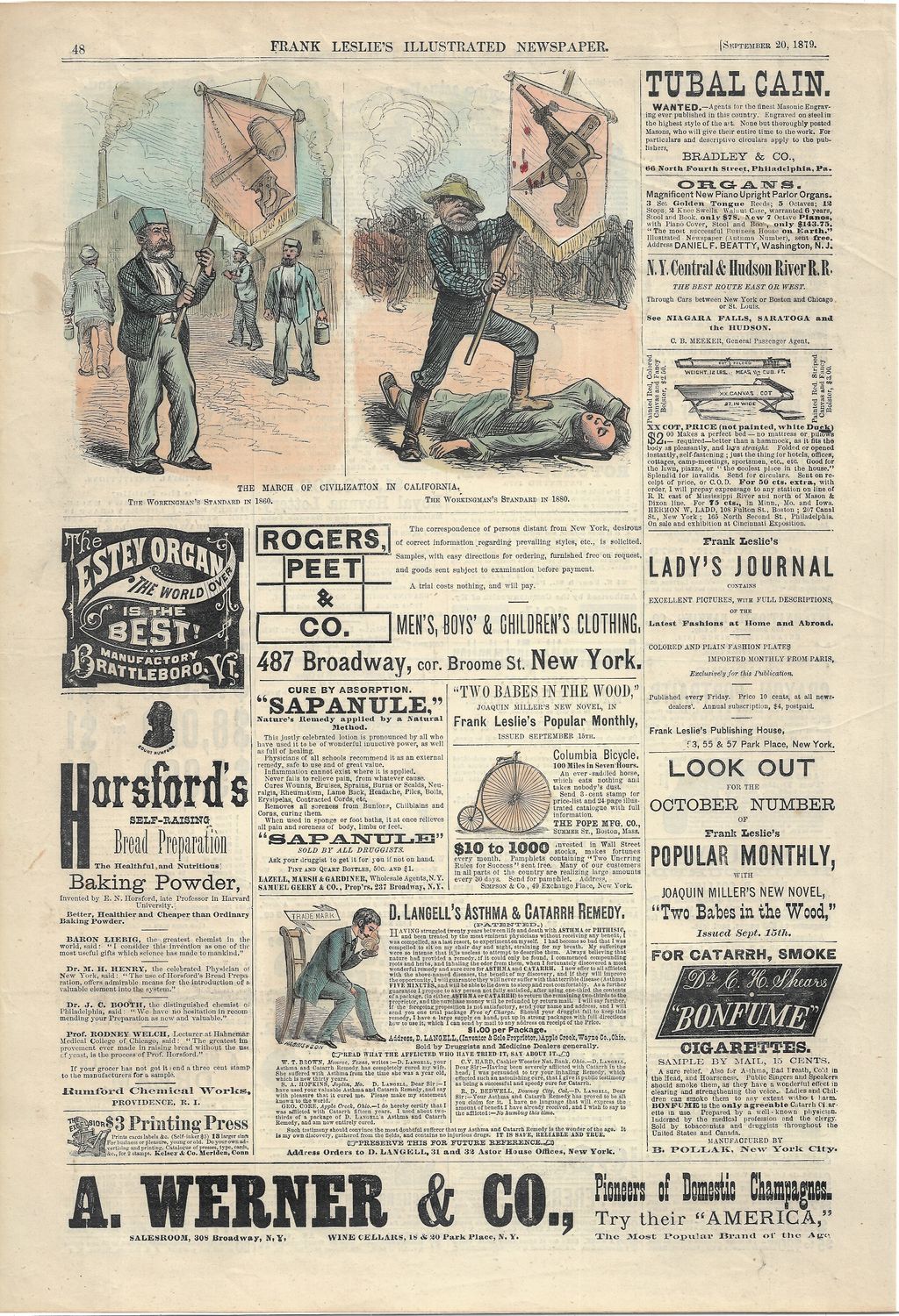 1879 Illustrations of &quot; The March of Civilization in California&quot; with adverts from Frank Leslie&#39;s news
