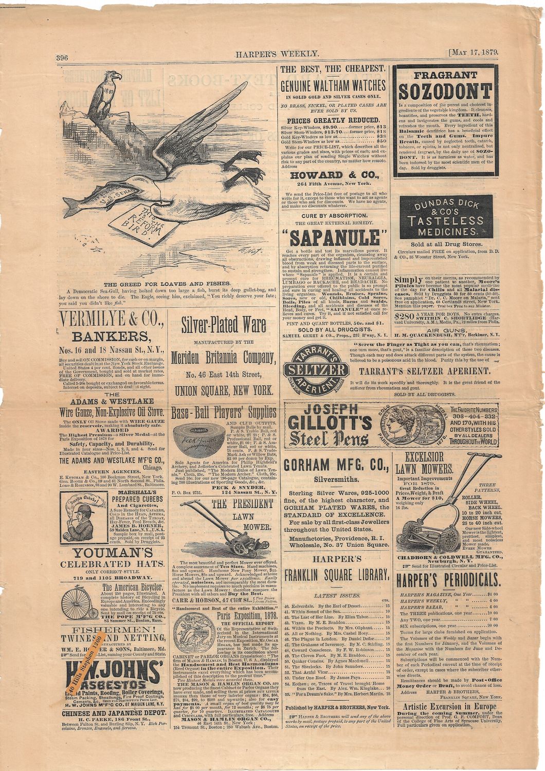 1879 Page of Harper's Weekly Advertisements w/ a Thomas Nast cartoon