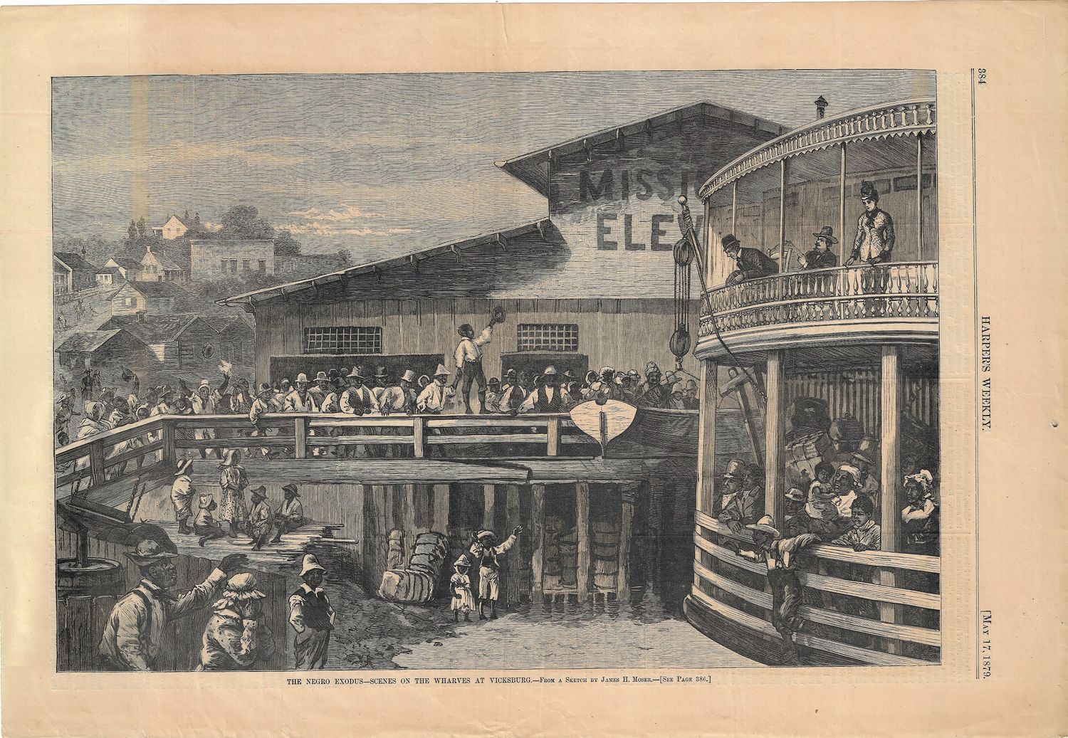 1879 View of &quot;The Negro Exodus&quot; , Scenes at the wharf in Vicksburg from Harper&#39;s Weekly