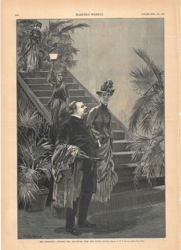 1886 View of President Grover Cleveland &amp; his Wife on Wedding Day from Harper's Weekly