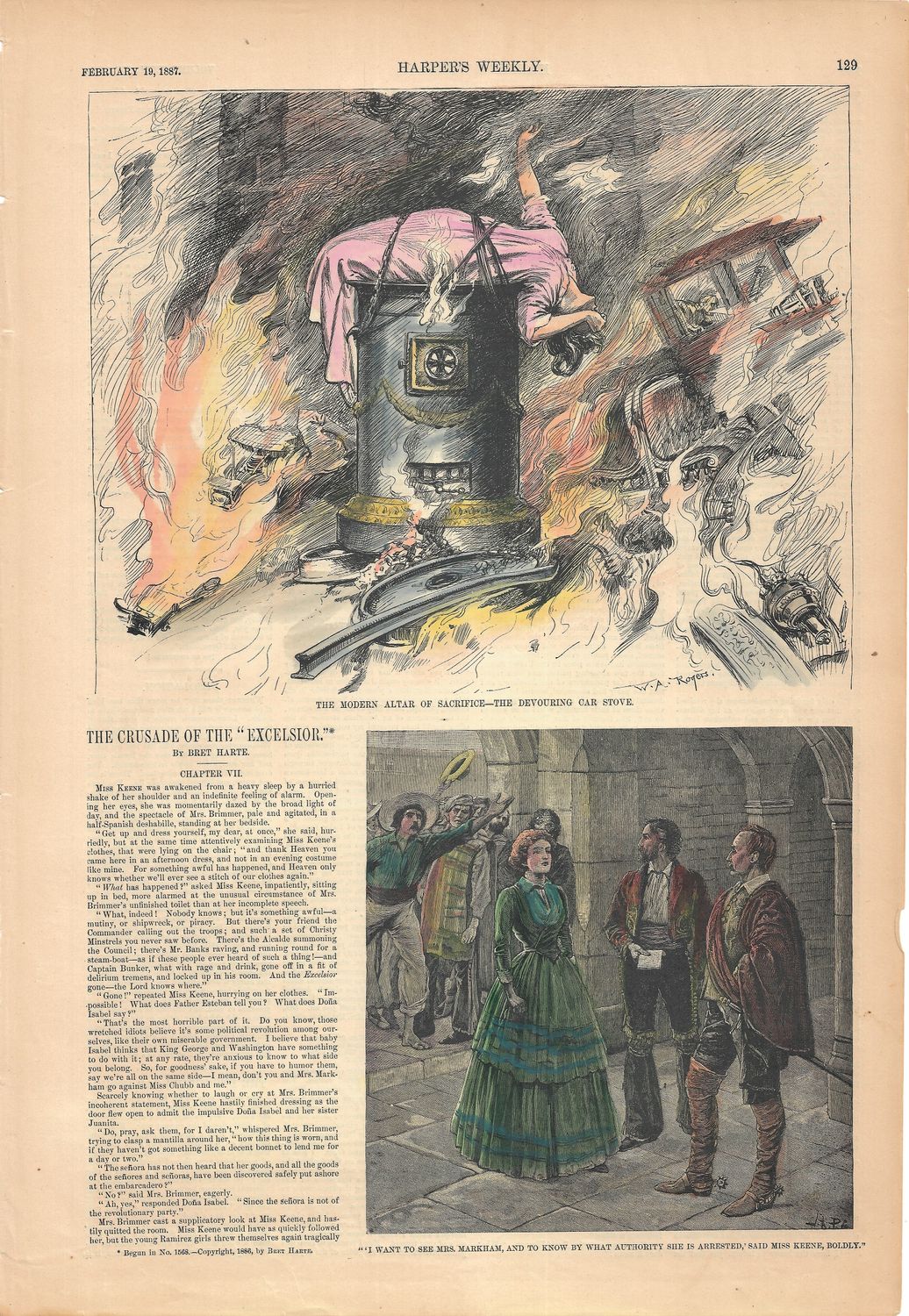 1887 Text Installment of Bret Harte&#39;s &quot;The Crusade of the Excelsior&quot; with Illustrations regarding Train Fires
