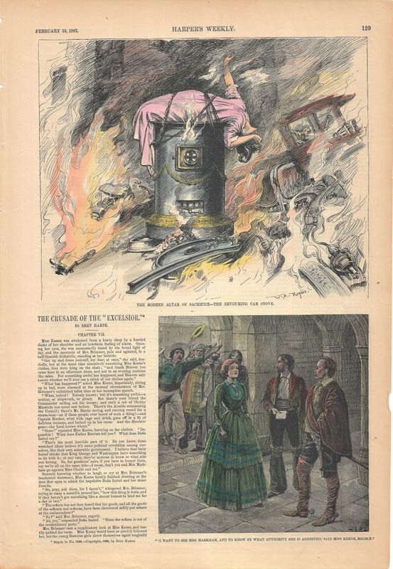 1887 Text Installment of Bret Harte's "The Crusade of the Excelsior" with Illustrations regarding Train Fires