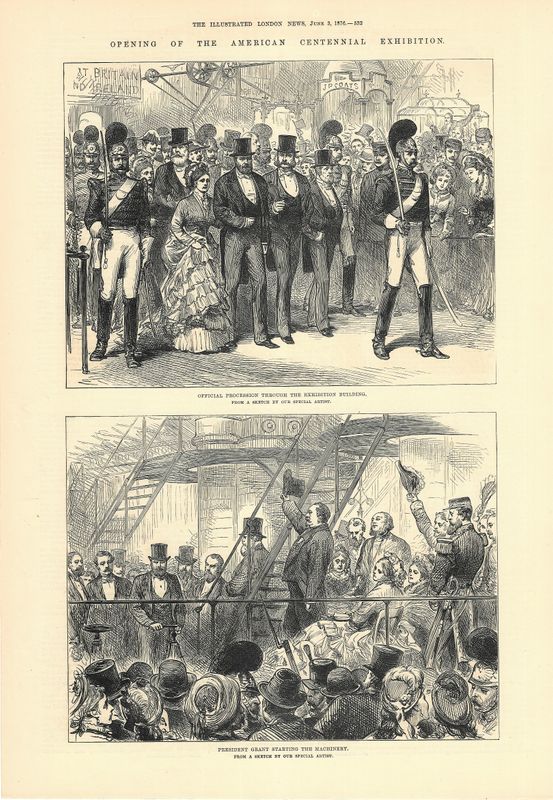 1876 Views of the American Centennial Exhibition in Philadelphia- President Grant starting the machinery