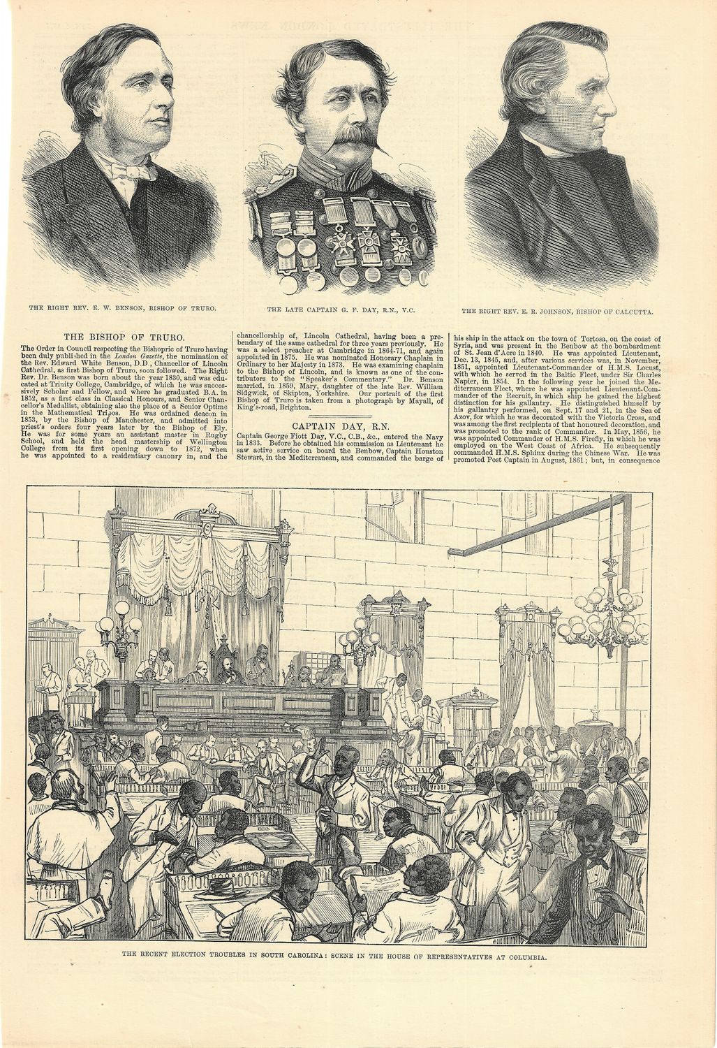 1877 View and text of the Recent Election Troubles in South Carolina from Illustrated London News