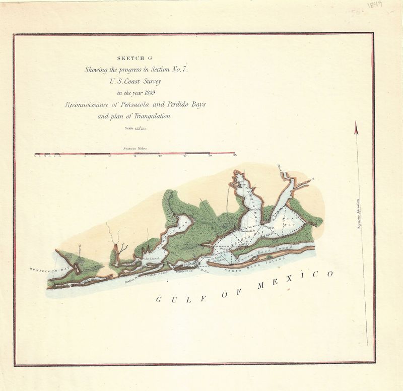 1849 USCS Pensacola &amp; Perdido Bays Gulf of Mexico - handcolored