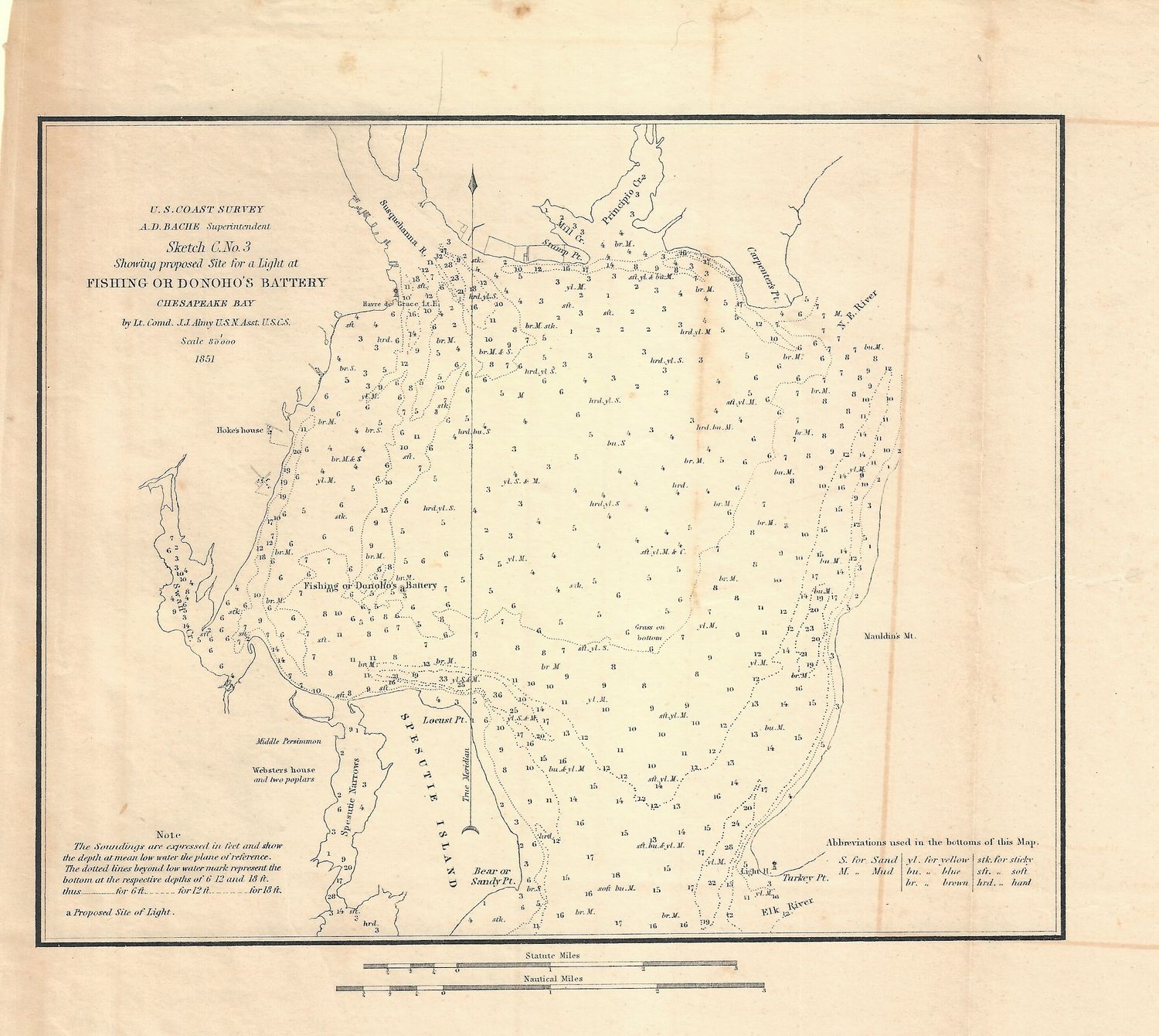 1851 USCS Proposed Site of Light at Donohoe&#39;s Battery in  Chesapeake&#39;s Bay