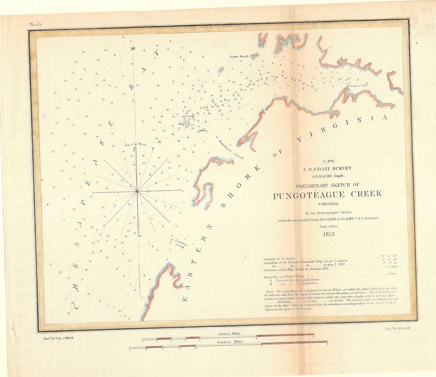 1853 USCS Pungoteague Creek Virginia hand-colored