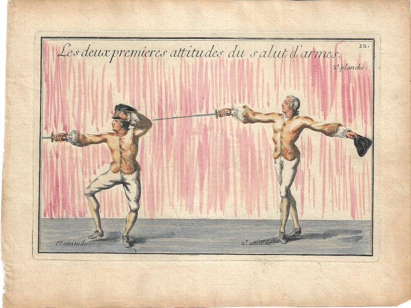 1737 Group of Views (3) of Fencing , derived from Academie de L'Espee by D'Anvers - 2e,14e, 26e planche with hand water color