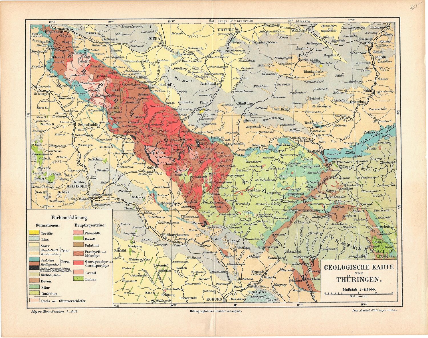 1910 Geophysical Map of Thuringen Germany in Chromolithography