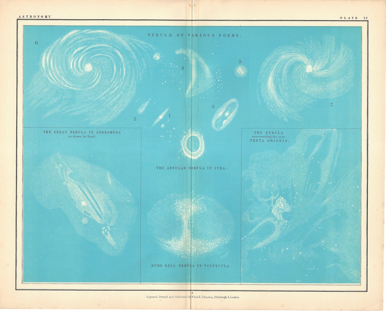1877 AK Johnston Celestial Atlas Sheet - Plate #12 Nebula of Various Forms