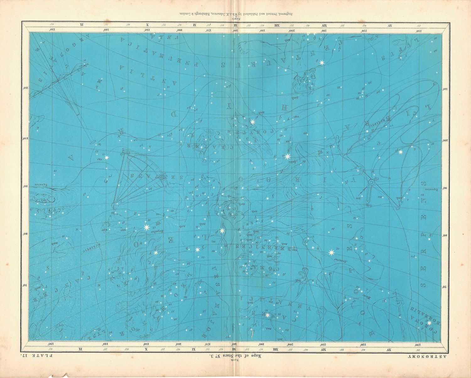 1877 AK Johnston Celestial Atlas Sheet - Plate #17 &amp; 18 Star Maps Pair (2)