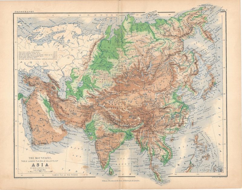 1877 Map of the Mountains,  Plains and Valleys of Asia by Blackwood