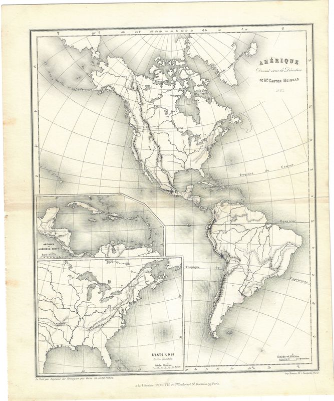 1882 French Geophysical Map of the Americas by Gaston Meisses