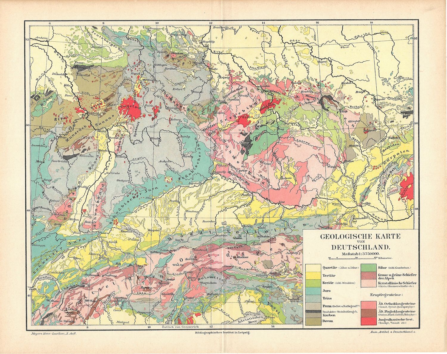 1910 Geophysical Map of Germany in Chromolithograhy