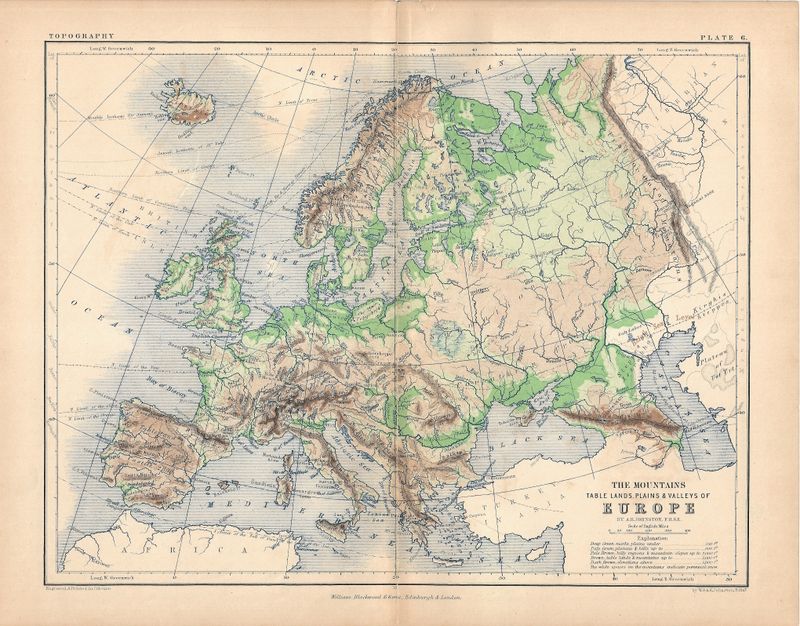 1877 Topographical Map of Europe by Blackwood