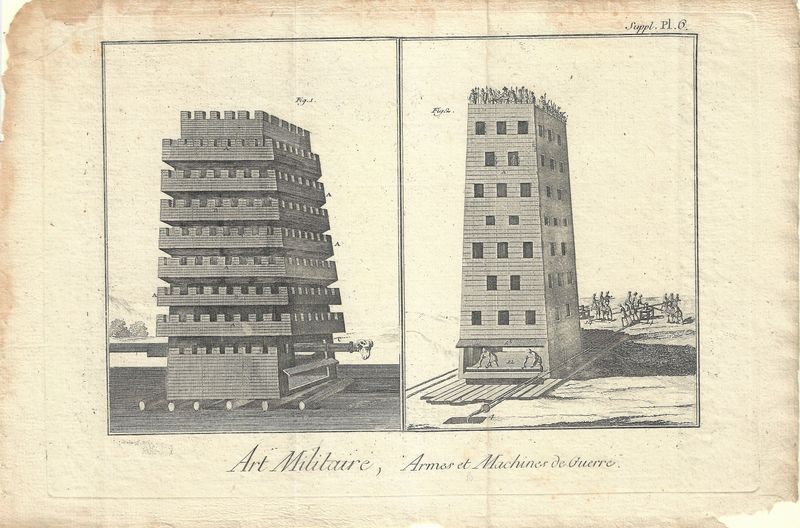 1750 Diderot Encyclopedia Sheet - Art Militaire Plate #Supl  6 Lrg Armes &amp; Machine de Guerre - Seige Towers