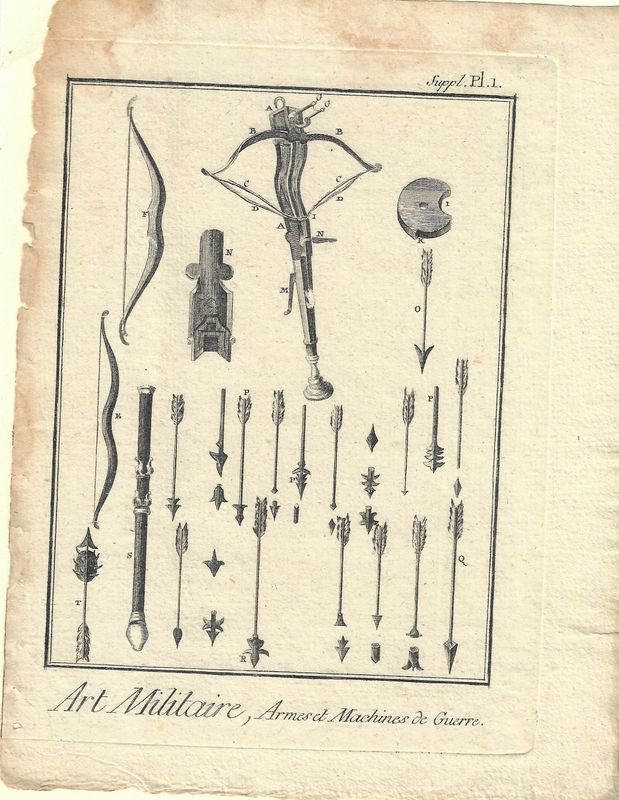 1750 Diderot Encyclopedia Sheet - Art Militaire Plate #Supl 1  sm Armes &amp; Machines de Guerre - Crossbows &amp; Arrows
