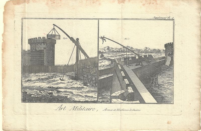 1750 Diderot Encyclopedia Sheet - Art Militaire Plate #Supl 4 Lrg Machines des Guerre -Cranes