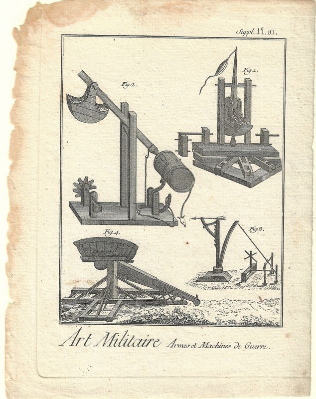 1750 Diderot Encyclopedia Sheet - Art Militaire Plate #Supl 10 sm Armes &amp; Machine - Trebuchette Catapult