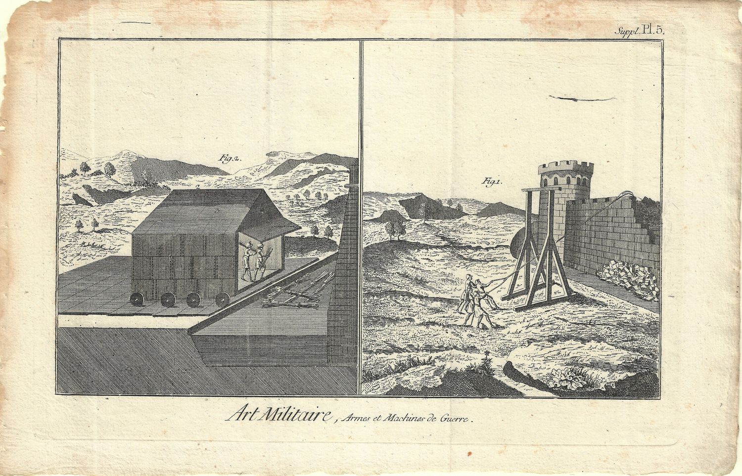 1750 Diderot Encyclopedia Sheet - Art Militaire Plate #Supl  5 Lrg Machines Des Guerre - Assault Vehichles