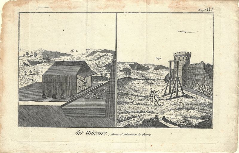 1750 Diderot Encyclopedia Sheet - Art Militaire Plate #Supl  5 Lrg Machines Des Guerre - Assault Vehichles