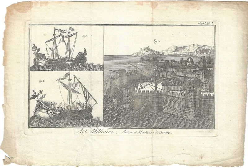 1750 Diderot Encyclopedia Sheet - Art Militaire Plate #Supl 13 Lrg Armes &amp; Machines - Castle Under Siege from Ship