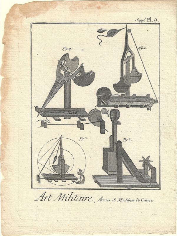 1750 Diderot Encyclopedia Sheet - Art Militaire Plate #Supl 9 sm Armes &amp; Machines - Trebuchette Catapult