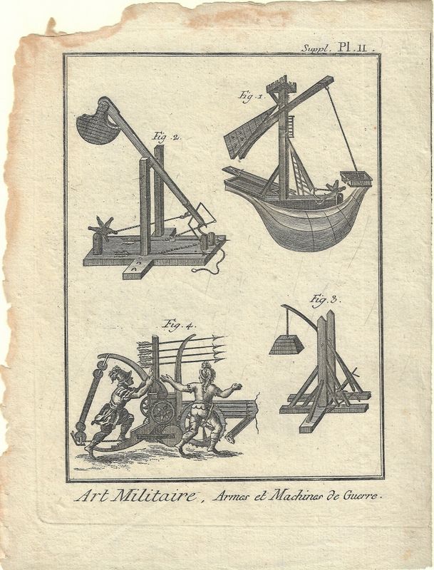 1750 Diderot Encyclopedia Sheet - Art Militaire Plate #Supl 11 sm Armes &amp; MJachines - Trebuchette Crossbow Cart