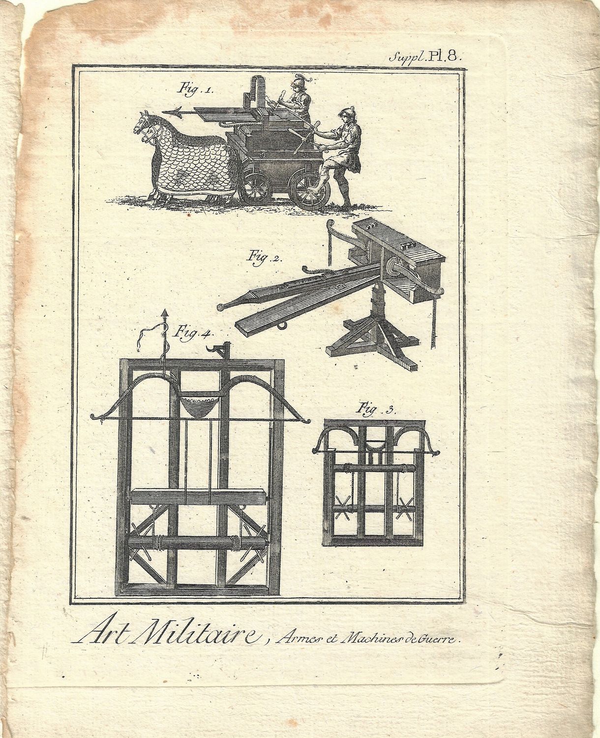1750 Diderot Encyclopedia Sheet - Art Militaire Plate #Supl 8 sm Armes &amp; Machine -Assault Cart w/ Crossbow