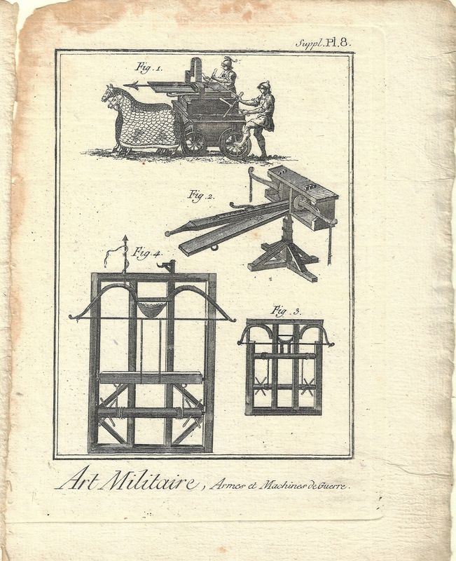 1750 Diderot Encyclopedia Sheet - Art Militaire Plate #Supl 8 sm Armes &amp; Machine -Assault Cart w/ Crossbow