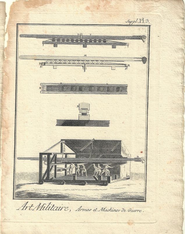 1750 Diderot Encyclopedia Sheet - Art Militaire Plate #Supl 3 sm Armes &amp; Machines des Guerre - Battering Rams