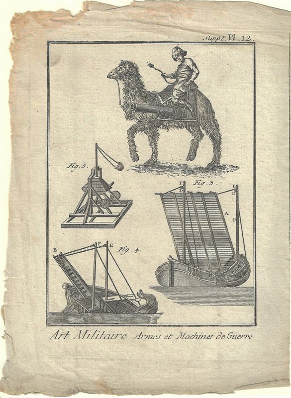 1750 Diderot Encyclopedia Sheet - Art Militaire Plate #Supl 12 sm Armes &amp; Machines - Camel Cannoneer