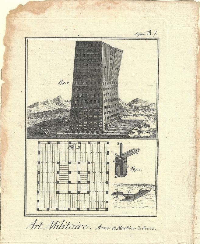 1750 Diderot Encyclopedia Sheet - Art Militaire Plate #Supl 7 Sm Armes &amp; Machines- Siege Tower design