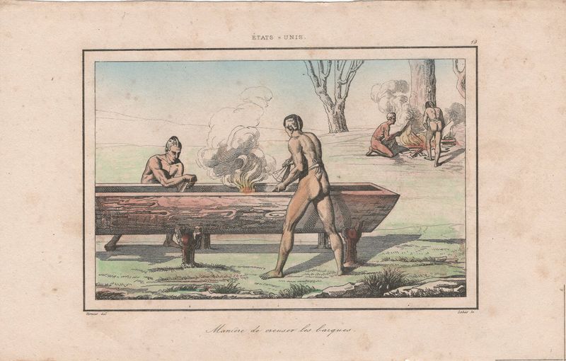 1837 View of Native Peoples Plate # 19 Manner of Making a Dugout Canoe - from Etats Unis D'Amerique