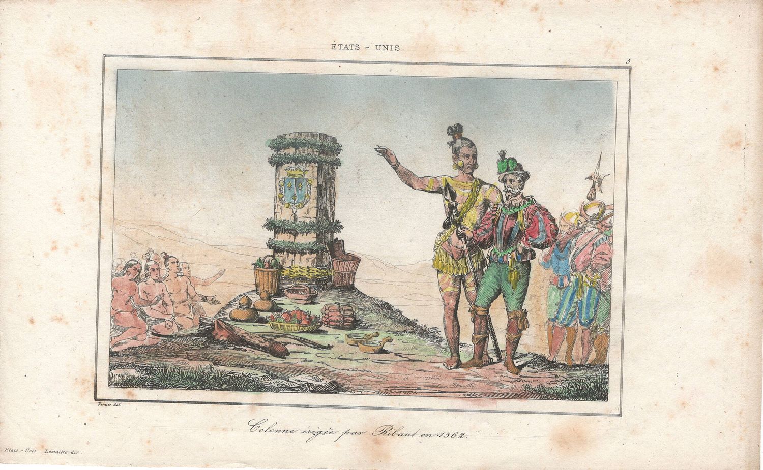 1837 View of Native Peoples Plate # 5 Column erected by Jean Ribaut  - from Etats Unis D&#39;Amerique