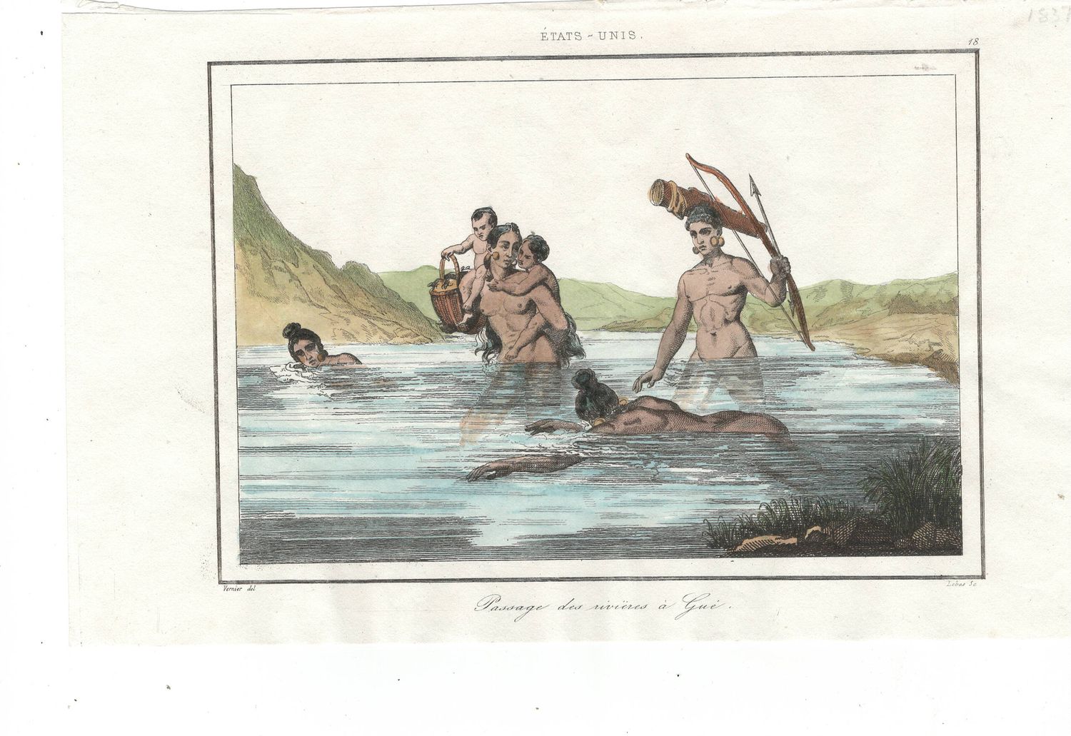 1837 View of Native Peoples Plate # 18 Crossing the River - from Etats Unis D&#39;Amerique