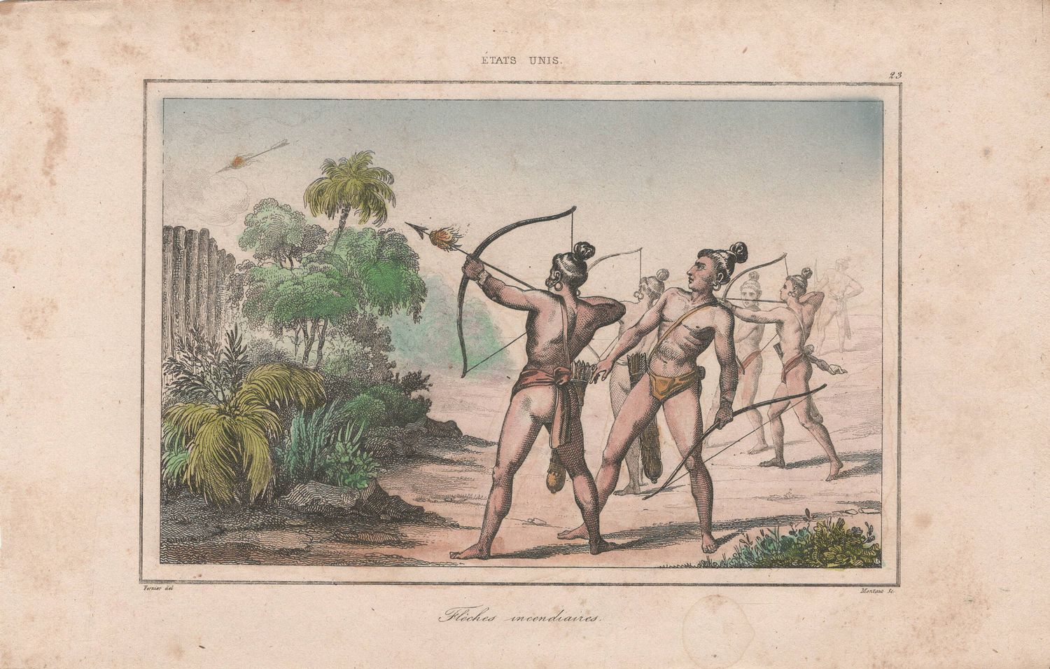 1837 View of Native Peoples Plate #  23 The Firing of Flaming Arrows  - from Etats Unis D&#39;Amerique