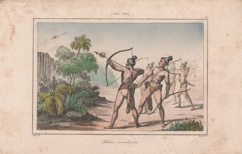 1837 View of Native Peoples Plate #  23 The Firing of Flaming Arrows  - from Etats Unis D'Amerique