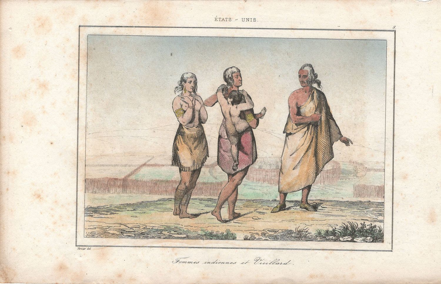 1837 View of Native Peoples Plate # 8 Female Indians with an Old Man  w/ohc from Etats Unis D&#39;Amerique