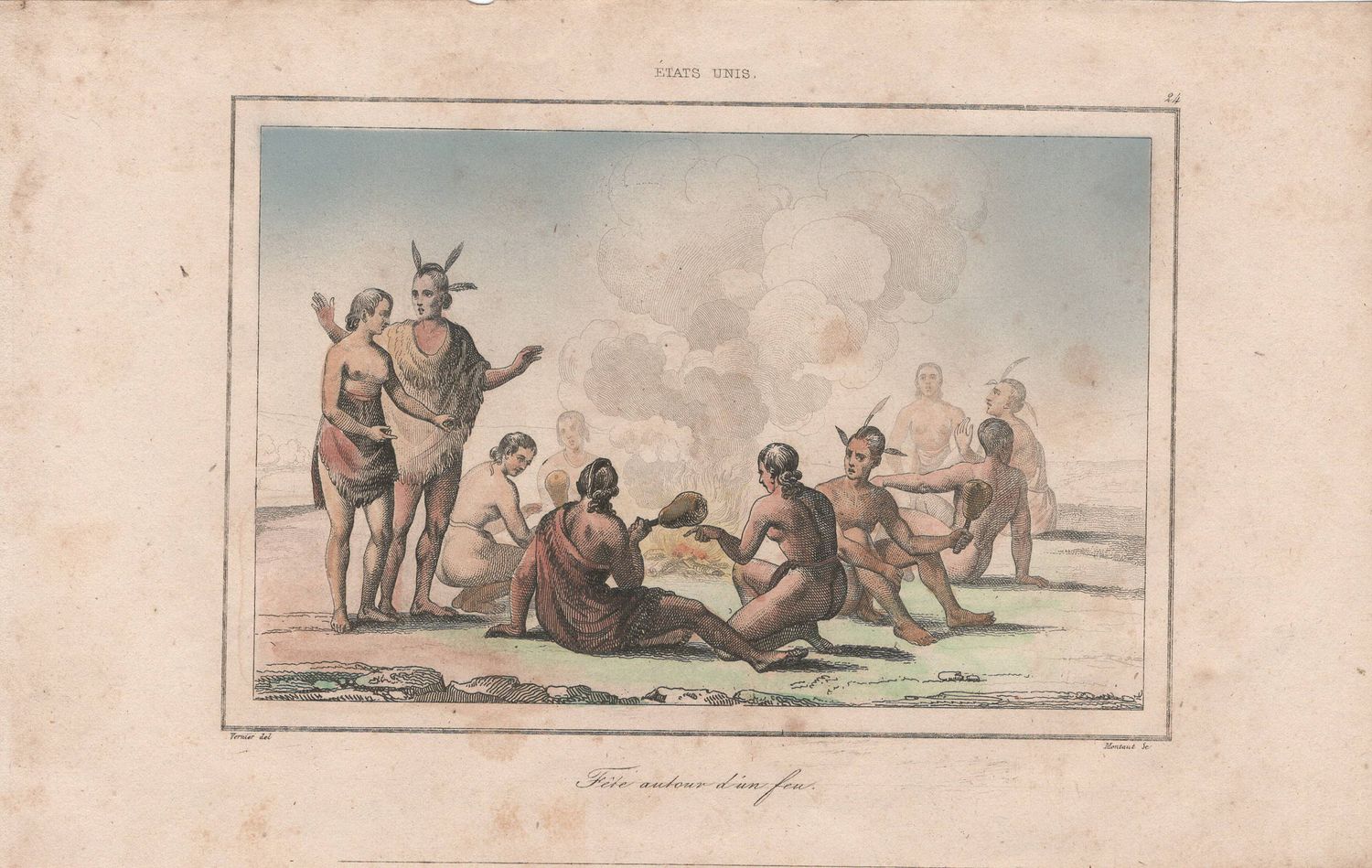 1837 View of Native Peoples Plate #  24 Sitting Around the Fire - from Etats Unis D&#39;Amerique