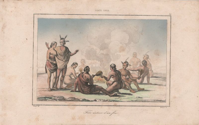 1837 View of Native Peoples Plate #  24 Sitting Around the Fire - from Etats Unis D'Amerique