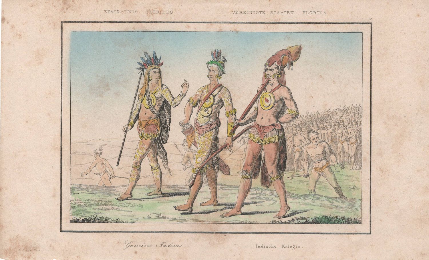1837 View of Native Peoples Plate # 1 Indian Warriors  - from Etats Unis D&#39;Amerique Dutch Edition