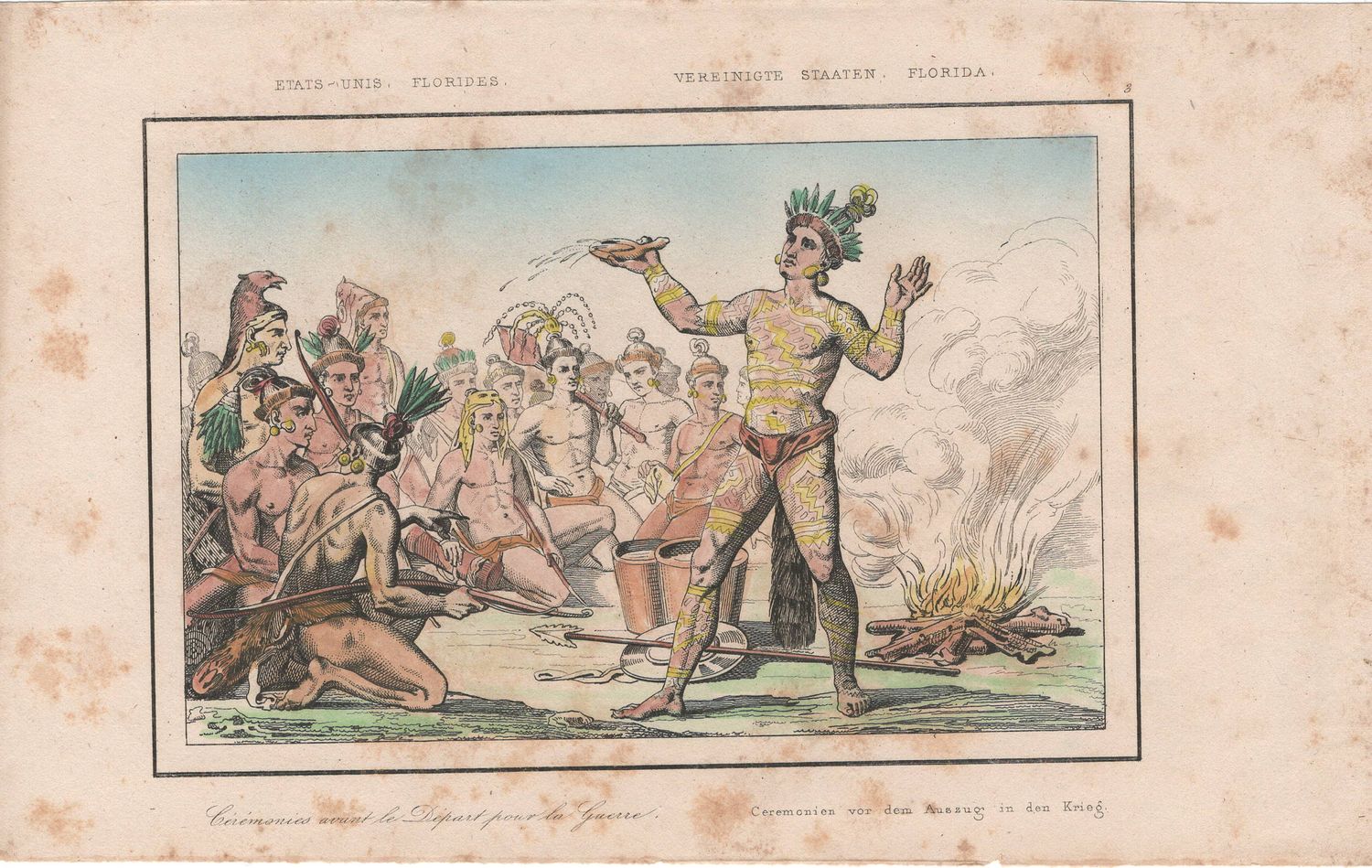 1837 View of Native Peoples Plate # 3 Ceremony before Departure to War  - from Etats Unis D&#39;Amerique Dutch Edition