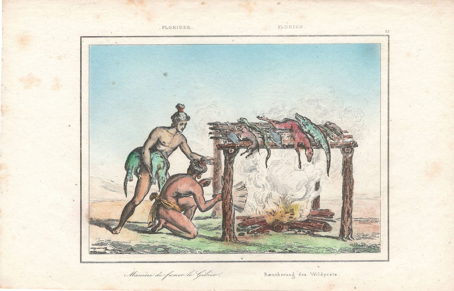1837 View of Native Peoples Plate # 15 Manner of Smoking Game  - from Etats Unis D&#39;Amerique Dutch Edition