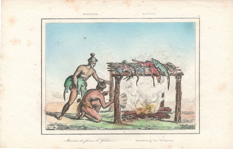 1837 View of Native Peoples Plate # 15 Manner of Smoking Game  - from Etats Unis D'Amerique Dutch Edition