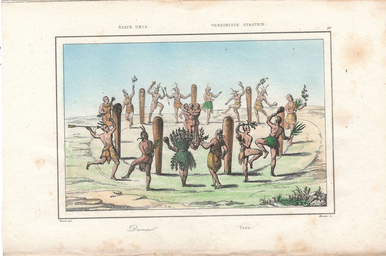 1837 View of Native Peoples Plate # 10 The Dance  - from Etats Unis D&#39;Amerique Dutch Edition